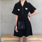 Butterfly Embroidered Short-sleeve Dress Black - One Size