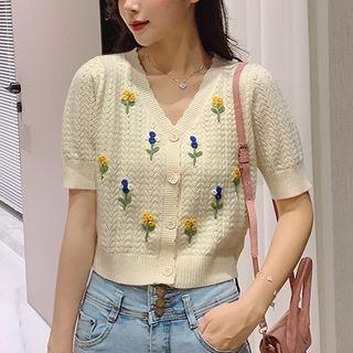 Short-sleeve Knit Cardigan Almond - One Size