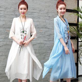 Set: Linen Long Light Jacket + Spaghetti Strap Dress