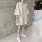Plain V-neck Bell-sleeve Loose-fit Dress Almond - One Size