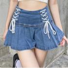 Lace-up Pleated Denim Mini A-line Skirt