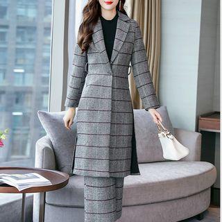 Set: Buttoned Plaid Long Coat + Wide-leg Pants