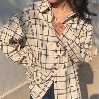 Long-sleeve Plaid Shirt Almond - One Size