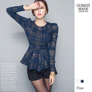 Sharp-shoulder Plaid Peplum Top