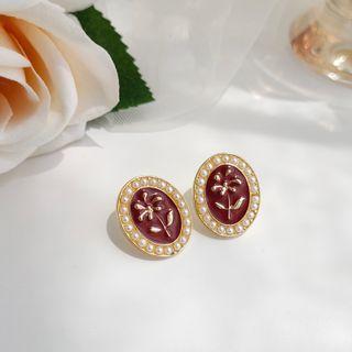 Floral Oval Sterling Silver Ear Stud / Clip-on Earring
