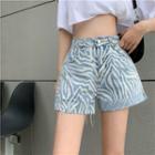 Zebra-print Wide-leg Denim Shorts