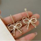 Bow Faux Pearl Rhinestone Dangle Earring 1 Pair - Gold & White - One Size