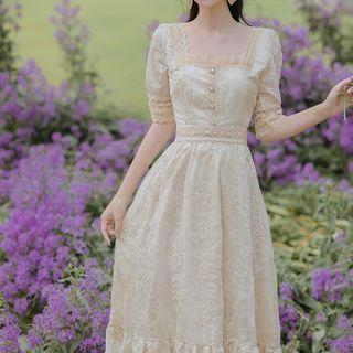 Square-neck Two Tone Embroider Lace A-line Dress