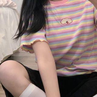 Striped Elbow-sleeve Knit Top Stripes - Multicolor - One Size