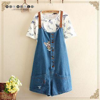 Cat Embroidered Denim Jumper Skirt