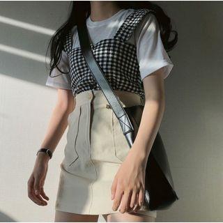 Short-sleeve T-shirt / Sleeveless Buttoned Gingham Top / A-line Mini Skirt