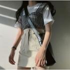 Short-sleeve T-shirt / Sleeveless Buttoned Gingham Top / A-line Mini Skirt