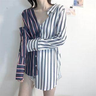 Cutout Shoulder Long-sleeve Striped Shirt