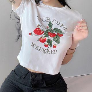 Short Sleeve Strawberry Print Lettering Crop Top