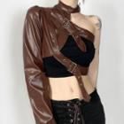 One-shoulder Buckled Faux Leather Crop Top