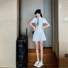Short-sleeve Plaid Mini Shirtdress / Neck-tie