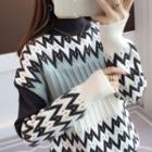 Wavy Striped Color Panel Long-sleeve Knit Sweater