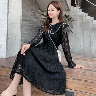 Collared Bell-sleeve A-line Midi Lace Dress