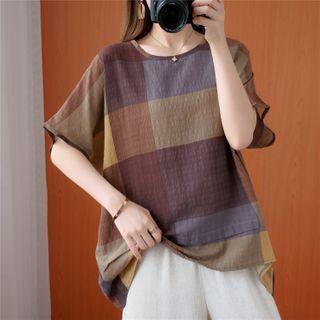 Short-sleeve Printed Linen Blend T-shirt As Shown In Figure - One Size