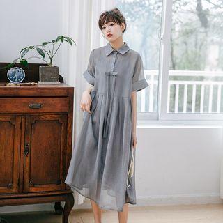 Set: Short-sleeve Midi Shirt Dress + Slipdress