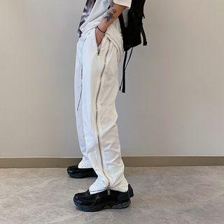High-waist Plain Zip Straight-cut Pants