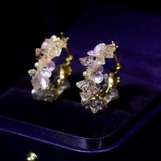 Faux Crystal Faux Pearl Alloy Hoop Earring Gold & Purple - One Size