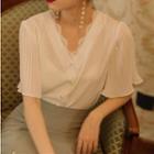 Set: Bell-sleeve V-neck Blouse + Lace Panel Midi A-line Skirt