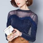 Lace Slim-fit Round-neck Mesh Long-sleeve Top