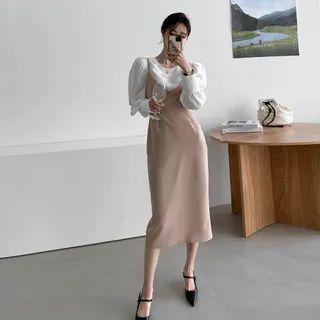 Wrap-front Midi Spaghetti Strap Dress