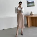 Wrap-front Midi Spaghetti Strap Dress