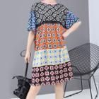 Short-sleeve Pattern Panel A-line Dress Multicolor - One Size