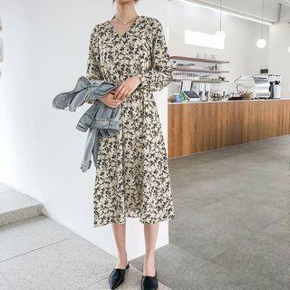Floral Print Long-sleeve A-line Chiffon Dress Blue - One Size