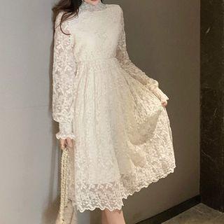 Long-sleeve Mock-neck Floral Lace A-line Dress White - One Size
