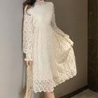 Long-sleeve Mock-neck Floral Lace A-line Dress White - One Size