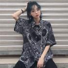Short-sleeve Patterned Casual Shirt Black - One Size