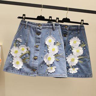 Embroidered Mini Fitted Denim Skirt