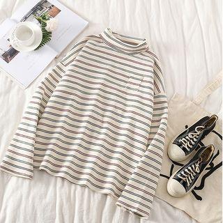 Striped Turtle-neck Long-sleeve Top Almond - One Size