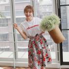 Set: Cap-sleeve Lace-trim Top + Floral Skirt