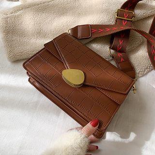 Embroidered Strap Faux Croc Grain Leather Crossbody Bag