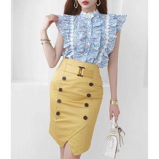 Ruffle-sleeve Lace-trim Floral Print Blouse