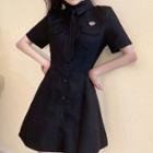 Short-sleeve Front Pocket Mini A-line Shirtdress