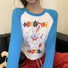 Long-sleeve Cartoon Print Cropped T-shirt White & Blue - One Size