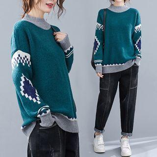 Mock-neck Patterned Sweater Green - One Size