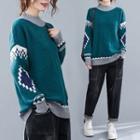 Mock-neck Patterned Sweater Green - One Size