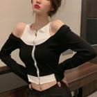 Cold Shoulder Long-sleeve Top Black & White - One Size