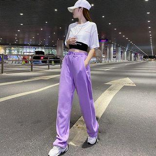 Long-sleeve Lettering T-shirt / Lettering Crop Tank Top / Harem Pants / Set