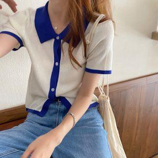 Short-sleeve Collar Knit Top As Shown In Figure - One Size