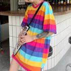 Rainbow-stripe Short-sleeve Oversize Top