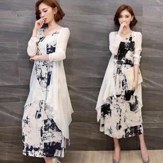 Set: Print Drawstring Waist Midi Tank Dress + Light Jacket