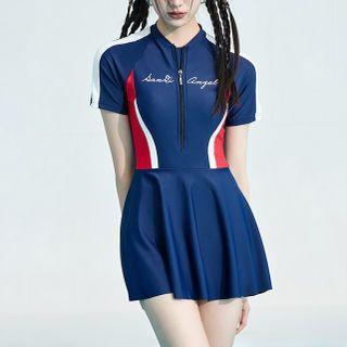 Short-sleeve Color Block Swimdress